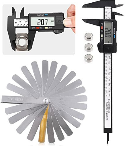 Glarks Lot de 5 pieds à coulisse numériques et jauge d'épaisseur en acier à 32 lames avec ensemble de piles, étrier électronique de 0 à 15,2 cm, outil de mesure de conversion pouce/fraction/millimètre