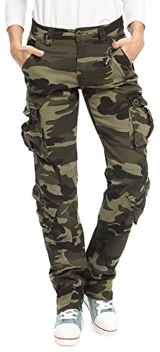 Aeslech - Pantalones de trabajo cargo para mujer, de algodón, elásticos, estilo casual, militares, de combate, camuflaje, tácticos, con bolsillos, 32
