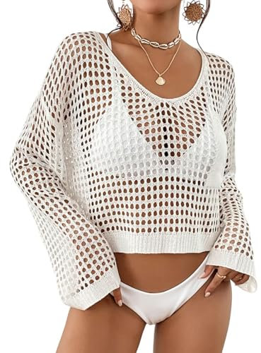 Bsubseach Damen Crochet Crop Top Strand Badeanzug Cover Up Langarm Hollow Out Badeanzug Cover Ups Sommer Outfits Weiß