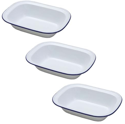 Falcon Enamel Shabby Chic Vintage Style Pie Dish - White with Blue Rim - Set of 3 (Oblong - 3 x 16cm)