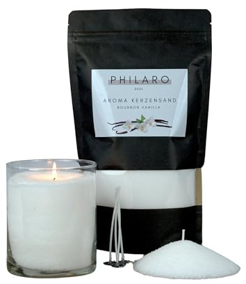 Philaro Sabbia Aromatica per Candele, Vaniglia, 400g con 4 Stoppini in Quattro Varianti di Profumo, Granulato per Candele Fai da Te