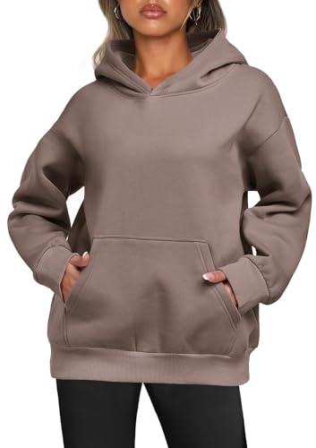 Enwokran Capucha Pullover para Mujer Otoño Invierno Oversize Suelto Manga Larga Suéter Cálido Sudadera Básica Polar Liso con Bolsillos (Caqui, XL)