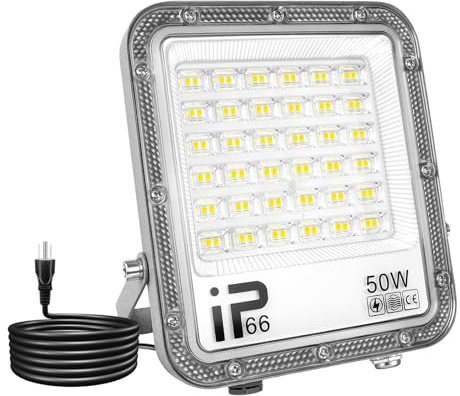 Willpower Faretto LED Esterno 50W 5000LM, Faro LED con Spina IP66 Proiettore LED 6000K Bianco Luce di Sicurezza a LED Illuminazione per Giardino Garage Cortile Patio Piazza Officina