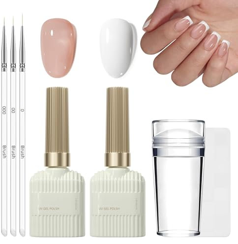 DMQ French Manicure Kit, Jelly Nude White Gel Nail Polish Set, French Gel Polish Set with Nail Stamper and Ultra Thin Nail Art Pen, Long Lasting Soak Off UV/LED for Women Home DIY Nail Salon