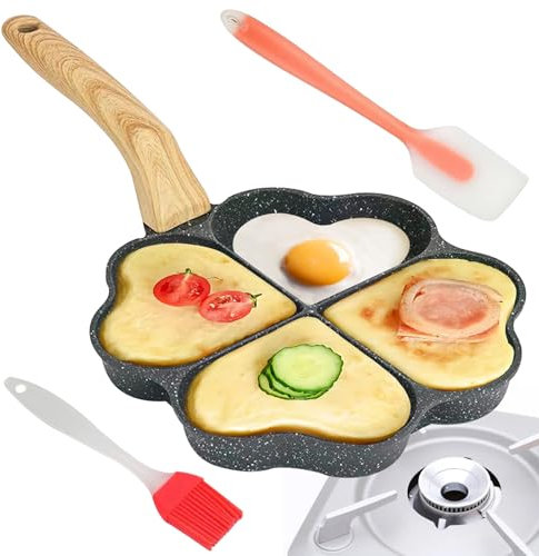 GBKDQQ Padella a forma di cuore, a 4 fori, a forma di cuore, per pancake, con manico in legno, antiaderente, con spatola in silicone, ideale per fornelli a induzione e a gas (nero)