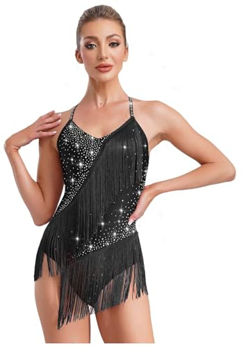 inhzoy Donne Balletto Body da Danza Classica Ginnastica Ritmica Senza Maniche Body da Ballo Latino Americano Tango con Nappe Frange Ballet Leotard Costume da Pattinaggio Nero XL