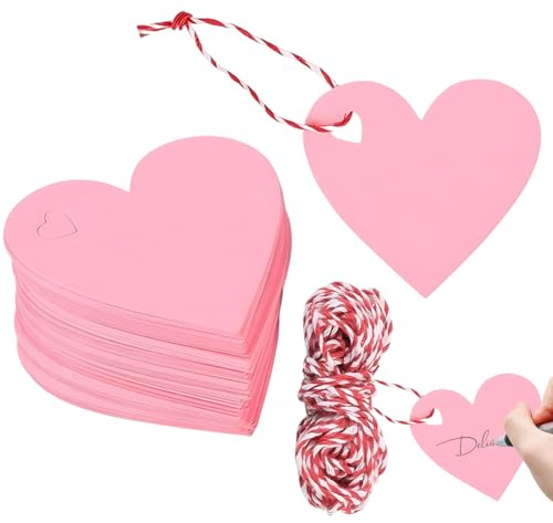 JUGUTA 100Pezzi Etichette Di Carta Cuore - Etichette Regalo Di San Valentino - Etichette Carta Kraft - Corda Rossa E Bianca Con 20 Metri, Adatta Per Compleanno, Matrimonio, Decorazione Regalo (Rosa)