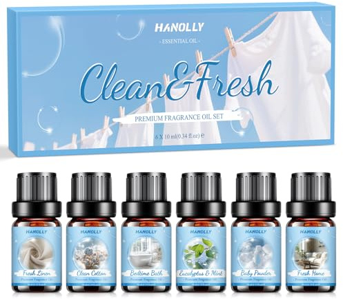 HANOLLY Oli Essenziali Pulito per Diffusori 6x10ml, Olio Essenziale Naturali per Profumo casa Massaggio, Lino Fresco, Profumo di Bebè, Cotone Puro, Casa Fresca, Eucalipto & Menta, Bagno Sera