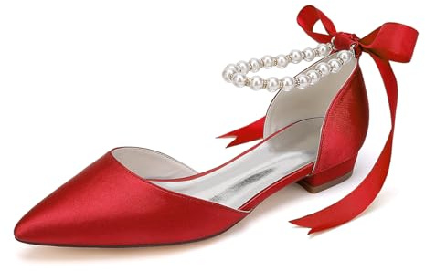 LRMYMHY Zapatos De Novia De Satén con Tira En El Tobillo Y Perlas para Mujer Planos Punta Puntiaguda,Rojo,43 EU