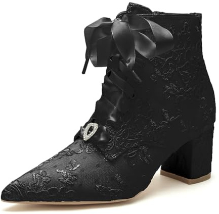 HFWXYSA Botas De Novia De Tacón Bloque para Mujer con Cordones, Cremallera Lateral, Punta Puntiaguda, Botas Cortas hasta El Tobillo,Negro,40 EU