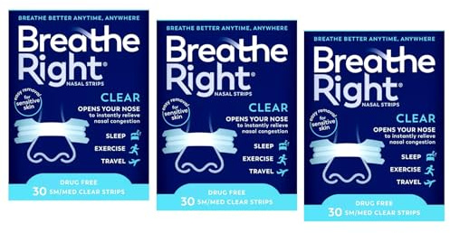Breathe Right Nasal Strips - Clear - for Sensitive Skin - Sm/Med Clear Strips - 30 Count Strips Per Box - Pack of 3