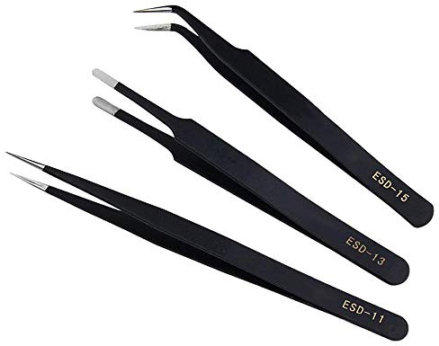 Juego de pinzas ESD de precisión de 3 piezas, pinzas antiestáticas de acero inoxidable con curvas, puntiagudas para extensiones de pestañas, manualidades, fabricación de joyas, electrónica, depilación