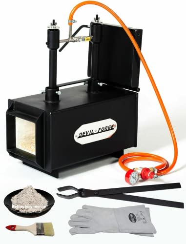 DEVIL-FORGE Fragua de gas DFPROF2+1D/2” Horno de Forja, 2 Quemadores DFP (160.000 BTU) usas 1 o 2, Válvula de bola gas, 1 Puerta, Fabricación de cuchillos, Herrero, Herrador 1370°C Aislamiento doble