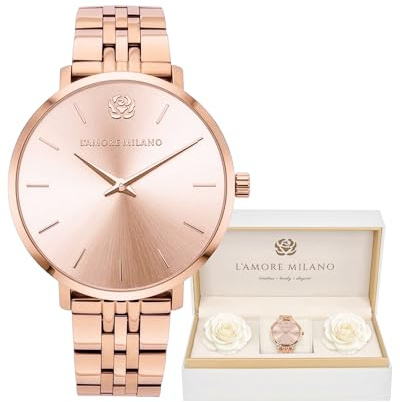 L'AMORE MILANO - Montre Femme Cadeau Noel, Montre-Bracelet et Son Coffret Contenant de Rose eternelle - Idee cadeau femme - Cadeau femme disponible en doré, argenté, et Rose métallisé