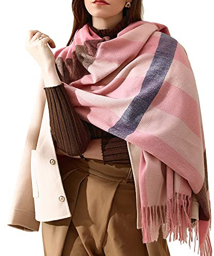 HYUET Hiver Pasmina Écharpe Châle Femmes Plaid Élégant Long Doux Chaud Étoles Écharpes Tartan Wrap Tricoté Châle Hiver Poncho Étole Pashmina pour Femmes Hommes,70 * 180 cm,A-rose