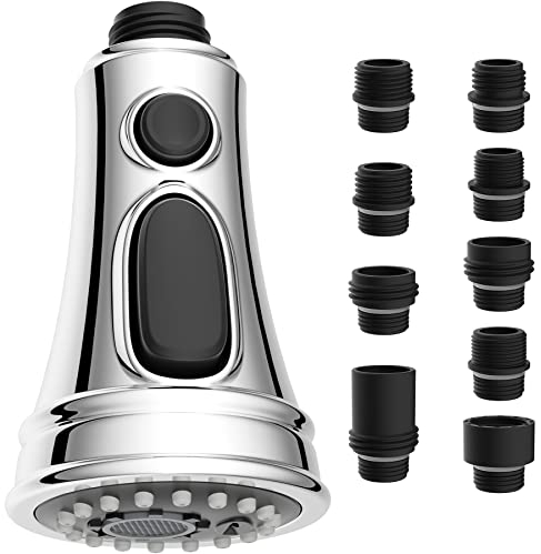 Hibbent 3 Modi Brausekopf Küchenarmatur Ersatz Herausziehbarer,Brausekopf küchenarmatur kompatibel mit Moen,Delta, Kohler Wasserhähne,Geschirrbrause ersatzkopf mit 9 Adaptern,G1/2,Chrom