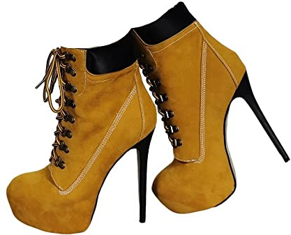 Frankie Hsu Stiletto Platform High Heeled Ankle Martin Work Boots, Sexy Yellow Khaki Style Bootie, Big Size Fashion Designer Tooling Shoes For Women Men