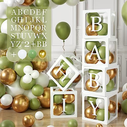 105 Babyparty Box Deko,Salbei Grüne Baby Shower Deko Box,6 Luftballon Box mit 54 Buchstaben(BABY+A-Z) und Luftballon Salbeigrüne Gold Weiss für Babyparty,Babyshower,Geburtstags,Dschungel Party