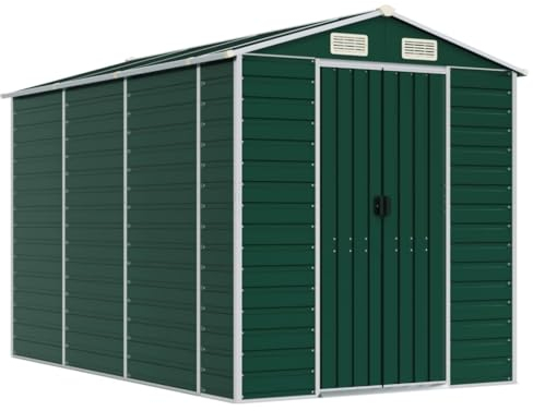 vidaXL Gerätehaus, Geräteschuppen mit Schrägdach Eckenschutz, Garten Schuppen für Gartengeräte, Gartenhaus Metallschuppen, Grün Verzinkter Stahl