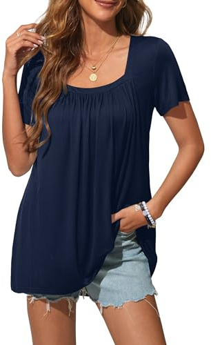 Florboom Oberteile Damen Sommer Kurzarm Shirt Lässige Tunika Top, Marineblau XXL