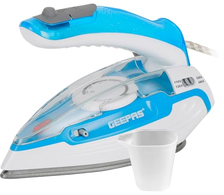 GEEPAS Travel Steam Iron | Clothes Dry & Steam Press | 55s Fast Heat-Up Foldable Handle | Teflon Soleplate Adjustable Temperature Dual Voltage | 80ml Tank, 12g/Steam Output | 2 Year Warranty 1100W