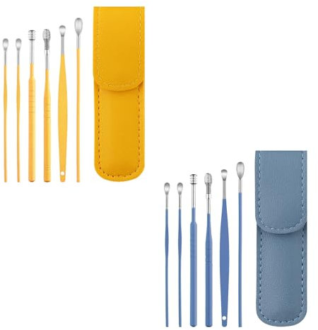 12 Stück Ohrenreiniger Ohrenschmalz Entferner Entfernen Ear Cleaner Ohrenspülung Ohrendusche Earwax Remover Ohrreinigungsse mit Lederetui & Sicherheitskopf für Erwachsene und Reise (Gelb+Blau)