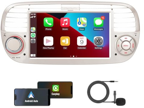 KTTCORLP Linux Autoradio per Fiat 500 2007-2015 Carplay Android Auto Bluetooth 5.0, Autoradio Fiat 500 da 7 pollici con touchscreen/FM/AM/USB/DPS/RDS/Mirror Link-bianco