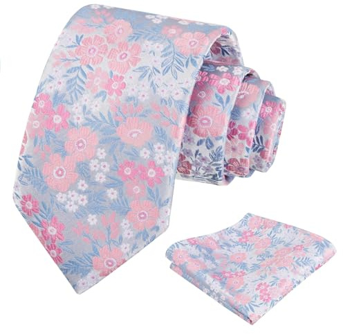 Alizeal Män 8 cm blommig slips med ficknäsduk mode elegant bröllop affärer slips set, 146-Ljusblå+Rosa, en storlek