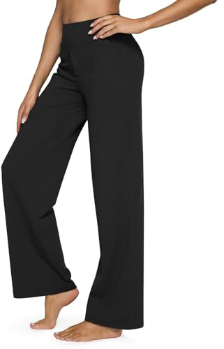 JiaYouLC Womens Wide Leg Yoga Pants High Waisted Elasticated Casual Work Trousers (UK, Alpha, M, Regular, Regular, Black)