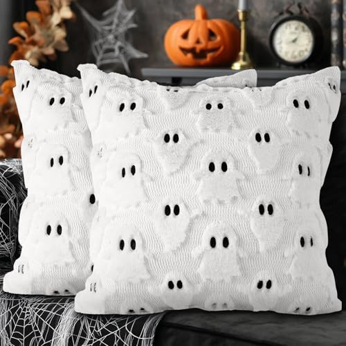 Lanpn Juego de 2 Fantasma Fundas Cojin Halloween 40x40 cm, Fantasma de Dos Ojos Decorativos Fundas de Almohada Decoración Hogar Halloween para Dormitorio Sofá Cama 40 x 40 (Blanco, Style 01)