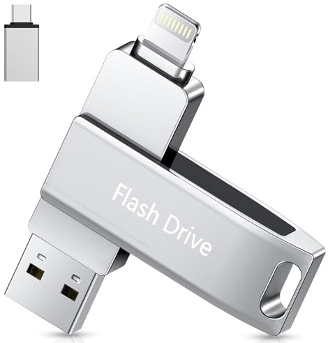Lncnnk 256GB Pendrive para iPhone, Mfi Certified Memoria USB 3.0 iPhone,Lightning Pen Drive 3 en 1, USB 3.0 Externa Photo Stick para iOS/iPad/Android/PC(Foto/Video/Copia de Seguridad automática) Plata