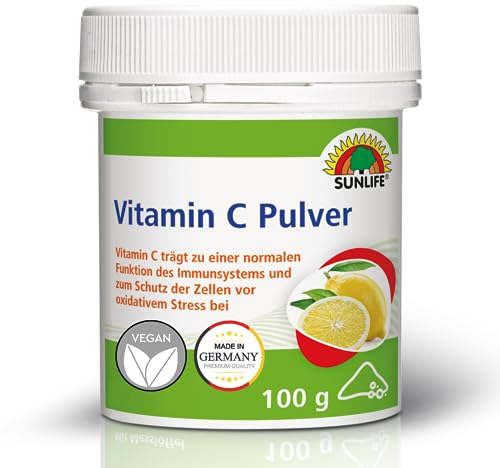 SUNLIFE Vitamin C Pulver hochdosiert 100 g - Vitamin C Pulver mit Zitronen Geschmack - Reines L-Ascorbinsäure Pulver - Nahrungsergänzung für Immunsystem & Zellschutz - Vitamin Pulver mit Messlöffel