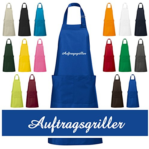 Schnoschi hochwertig bestickte Grillschürze in Blau, Schürze mit Auftragsgriller gestickt