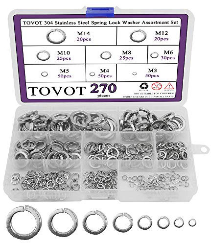 Tovot 304 Lot de 270 rondelles de verrouillage à ressort en acier inoxydable Tailles M3 M4 M5 M6 M7 M8 M10 M12 M14