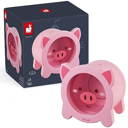 Janod - Wooden Children’s Piggy Bank 15 cm - See-through side and magnetic opening - Children's Room Decoration - Suitable for Ages 3 and Up - J04653