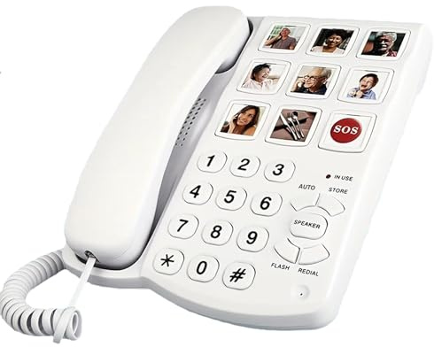 Sentno Telefon med stor knapp för äldre hem, 9 stora knappar på bild, trådbunden enkel fast telefon för synskadade gamla människor med stora enkla knappar, nödhus telefoner