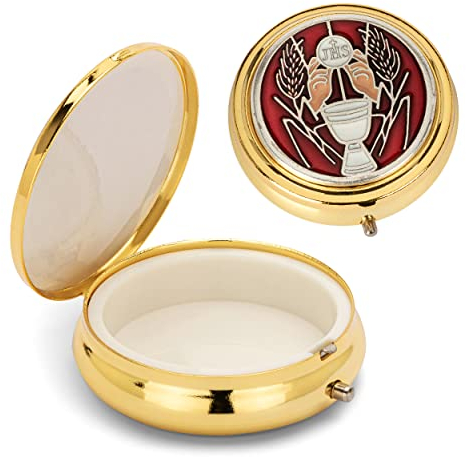 NKlaus Rosenkranz Metalletui Motiv Kelch Hostiendose Gold Rot Einsatz innen 4cm 2533