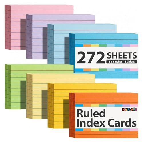Koogel Index Cards 3x5, 272 Count, Colored Ruled Flash Cards for Studying, 34 Pack of 8, Heavy Weight Lined Notecard Portable Note Taking for Students Teachers School Office Home Supplies, 8 Colors