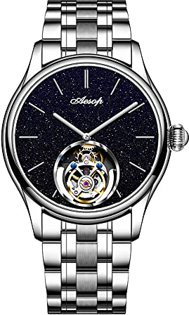 Aesop Tourbillon Herrenuhren Mechanisches Tourbillon-Uhrwerk Manuelle Analoge Armbanduhren Blaues Sandstein-Zifferblatt Saphir wasserdichte Business-Uhr für Herren 7050(Silber/Edelstahl)