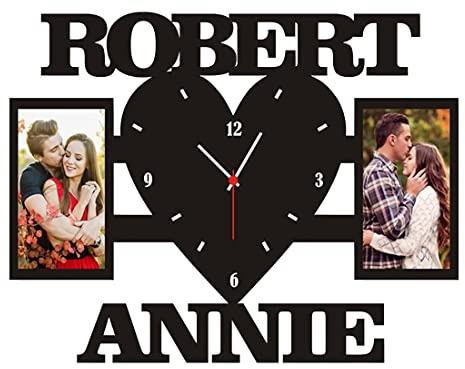 Horloge murale personnalisée en forme de cœur avec cadre photo pour couple - Décoration murale à suspendre avec nom personnalisé - Collage de nom personnalisé - Horloge murale en bois pour salon et