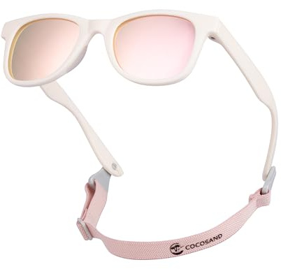 COCOSAND Kids Sunglasses with Strap Polarized Flexible Retro Square Soft Silicone Nose Pads for Toddler Boys Girls Ages 2-6 Years Old, White with Pink Lens