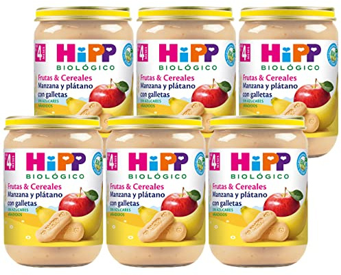 HiPP Biológico - Tarrito de Manzana y Plátano con Galletas BIO - Papilla de Frutas & Cereales - Pack 6x190g - Sin Azúcares Añadidos - Apto a Partir de 4 Meses