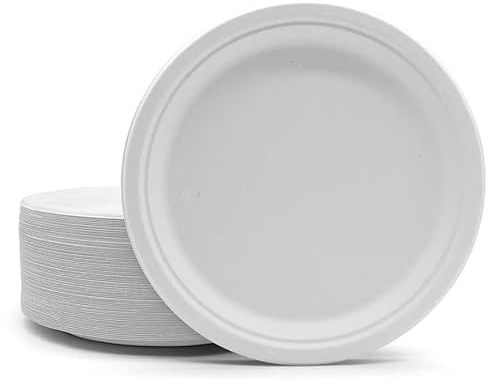 Zuvo 7-Inch Compostable Paper Plates – 50 Pack, Eco-Friendly, Biodegradable and Disposable for Party, BBQ & Picnic – Strong & Sturdy Bagasse Tableware​, White