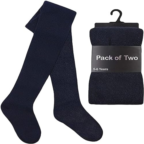 ITRAT® Lot de 2 paires de chaussettes en coton pour filles, uniformes, épaisses, chaudes, en coton riche, lisses, super douces, ajustées, pour un usage quotidien, bleu marine, 7-8 ans