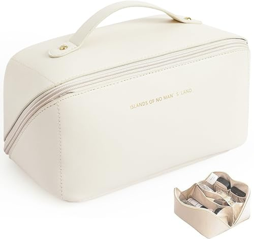 Sac de Maquillage Ouvert Plat, Sac Toilette en Polyuréthane Portable Étanche, Sac Cosmétique Double Couche, Sac Toilette Voyage PU pour Femmes, pour Cosmétiques, Articles de Toilette (White)