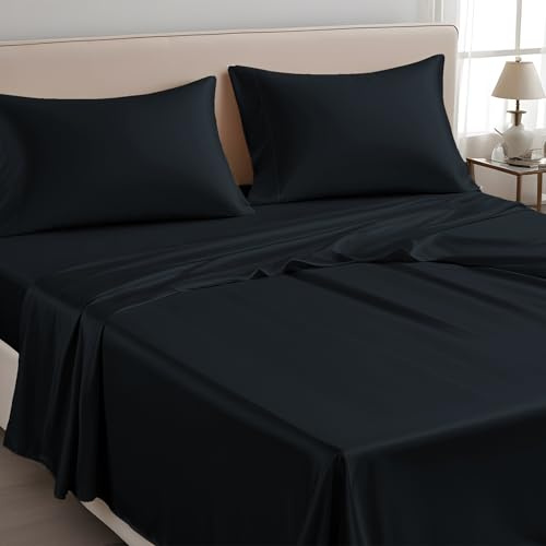 LINENWALAS Sábana encimera SuperKing únicamente, 100% Tencel seda suave refrescante, sábana superior Lyocell, ropa de cama perfecta para cabello y piel 300×275 CM (negro azabache, SuperKing)