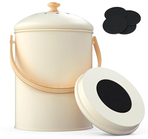 Kimicr Bidone per compost da 1,3 galloni da cucina, in acciaio inox, inodore, per interni, include 4 filtri a carbone, cestino per compost da banco con coperchio, secchio per compost da cucina con