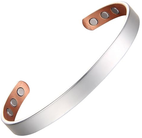 MagEnergy Copper Bracelet for Men and Women 99.9% Pure Copper Bangle Adjustable with 8 Magnets (Silver-6.8inch)