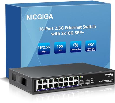 16 Port 2.5G 2 Port 10G SFP+ Ethernet Switch, NICGIGA 18 Port 2.5Gb Network Switch Unmanaged, Plug & Play, Desktop or 19-inch Rack Mount, Fanless Metal Design.