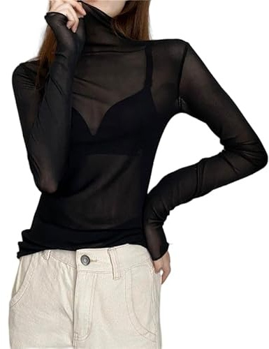 KIJSKKOPO Top De Malla para Mujer, Camiseta Sexy con Cuello Alto, Camisa Transparente, Tops De Manga Larga para Mujer, Camiseta De Malla Transparente, Camisa Básica, Blusa, Túnica, Tops De Fiesta